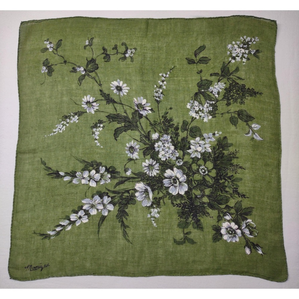 Vtg Designer Hankie Monique 14x14.5 floral in green/white